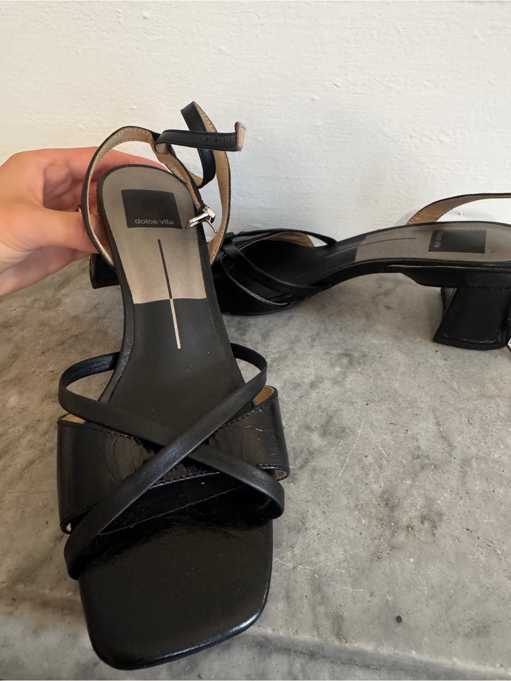 Dolce Vita Patent Black Crisscross Ankle-Strap Block Heels